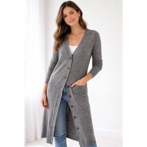 NSF Wool Cashmere Cardigan Long Duster Gray Button Front Women's S Neutral EUC